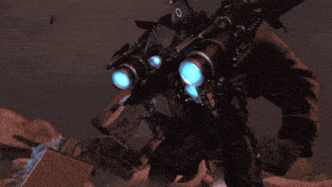 a person holding a rocket launcher with blue lights coming out of the back