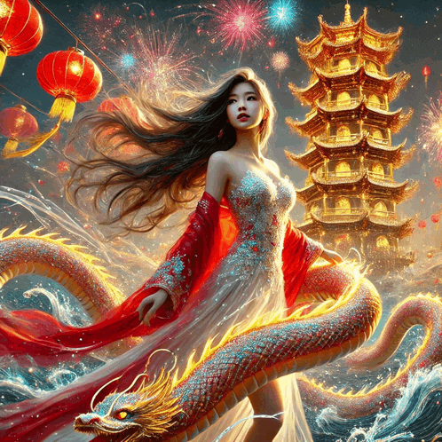 a painting of a woman with a dragon in front of a tower