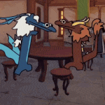 a cartoon character with horns standing next to a table