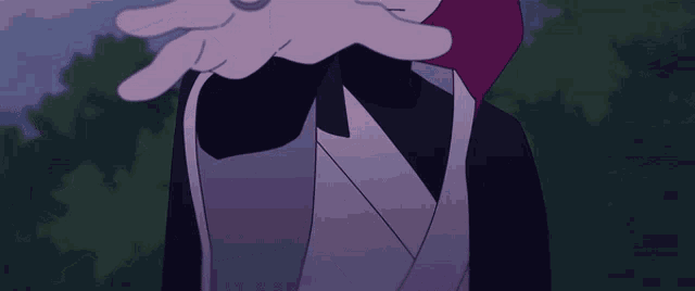 a close up of a cartoon character 's hand with a purple background