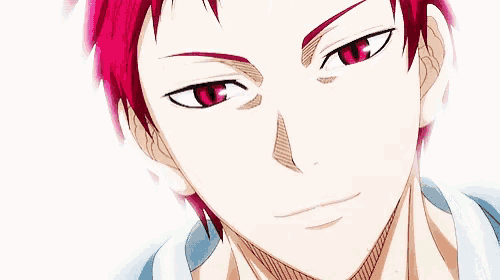 a close up of a anime character with red hair and red eyes
