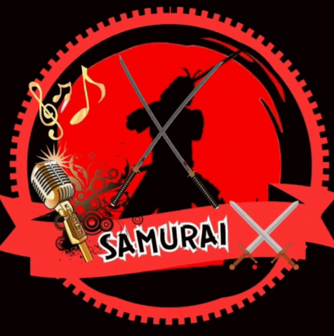 a samurai logo with swords and a microphone
