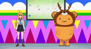 a girl in a school uniform stands next to a teddy bear mascot