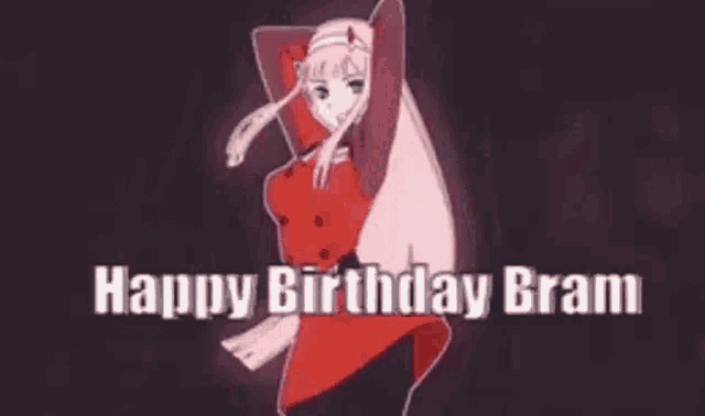 a girl in a red dress is dancing with the words `` happy birthday bram '' written on the bottom .