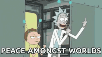 rick and morty from rick and morty are standing next to each other in a room and giving the middle finger .