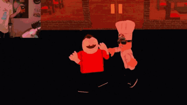 two cartoon characters are dancing in front of a big joe happy logo