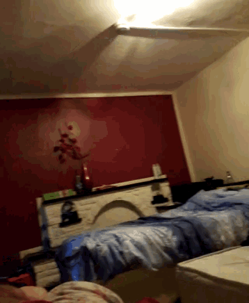 a bedroom with a red wall and a bed with a blue comforter
