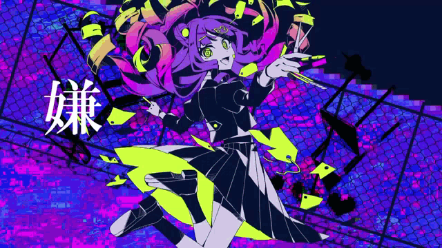 a girl with purple hair and green eyes is holding a sword