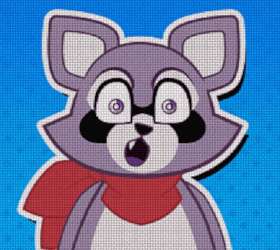 a purple raccoon with a scarf around its neck