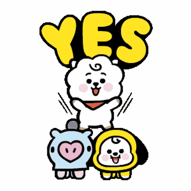 a group of cartoon characters standing next to each other with the word yes written above them .