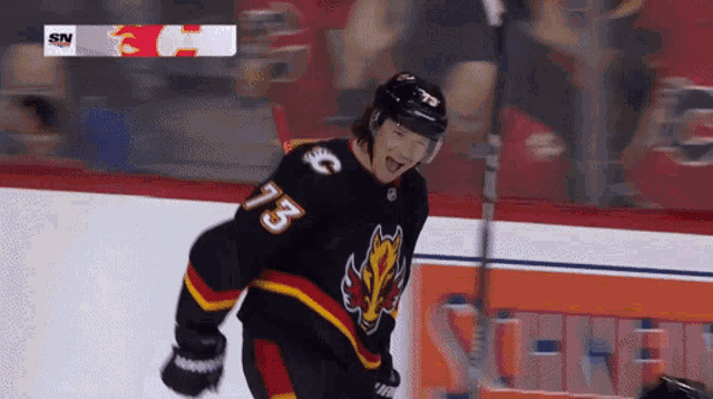 a hockey player with the number 73 on his jersey is celebrating