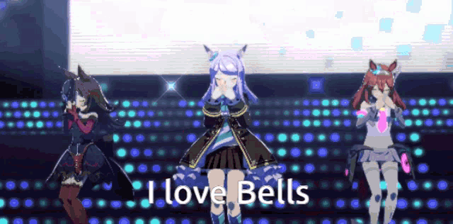 three anime girls are dancing on a stage with the words i love bells