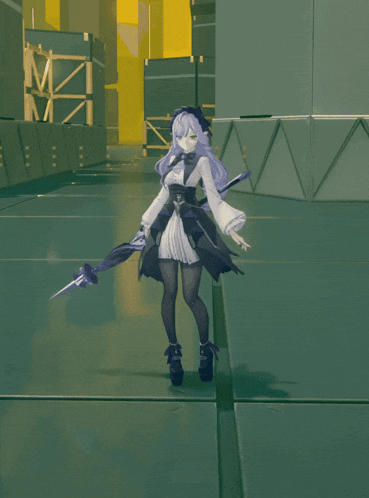 a girl with purple hair is holding a sword in her hand