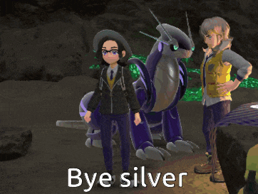 a video game character standing next to a purple monster that says bye silver on it