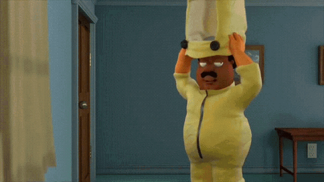 a cartoon character in a yellow hazmat suit holds a gun