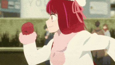 a girl with red hair is running in front of a sign that says " yes "