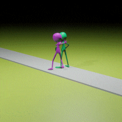 a green and purple cartoon character are standing on a sidewalk