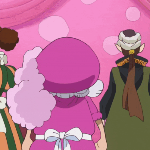 a group of cartoon characters are standing in front of a pink background