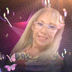 a woman wearing glasses is surrounded by butterflies