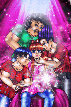 a cartoon drawing of a girl surrounded by a group of people