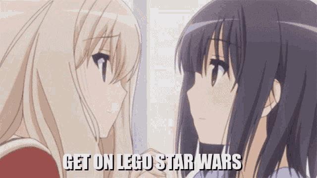 two anime girls are looking at each other with the words get on lego star wars written below them