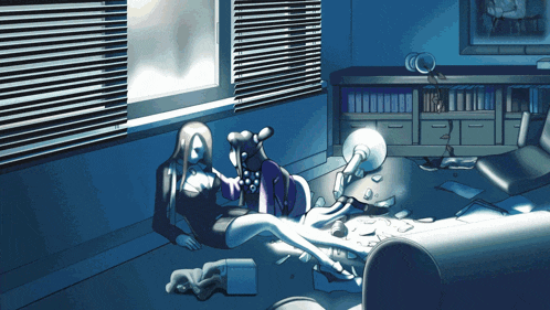 a cartoon drawing of a woman sitting on a couch