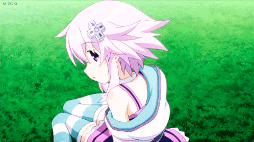 a girl with white hair and a cross on her head is sitting on the grass