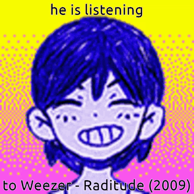a drawing of a boy with the words he is listening to weezer raditude 2009