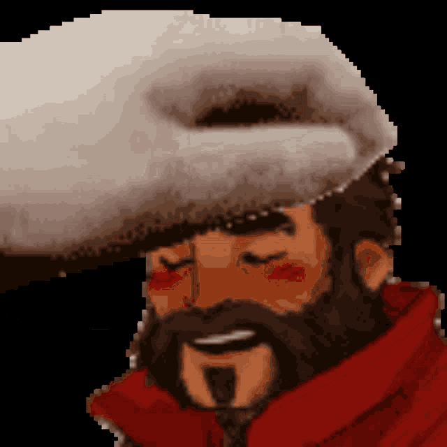 a pixel art drawing of a man with a beard wearing a white hat