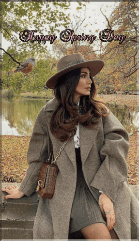 a woman wearing a hat and a coat with the words happy spring day written on the bottom