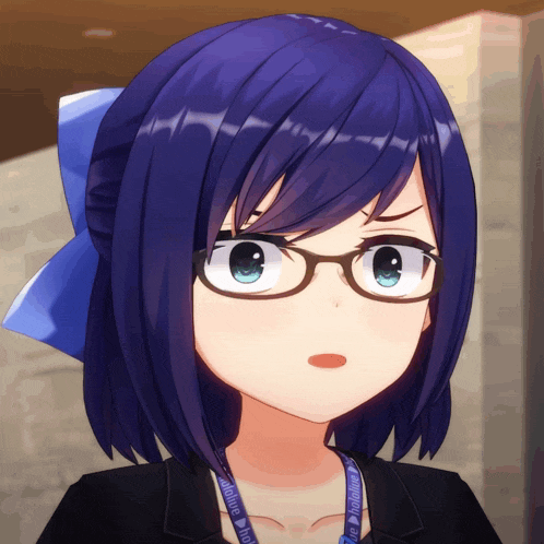 a girl with blue hair and glasses has a lanyard around her neck that says hololive