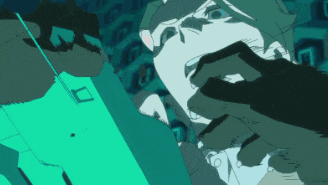a drawing of a man with his mouth open and a hand behind him