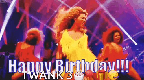a woman is dancing on a stage with the words `` happy birthday !!! twank 3 '' written on it .