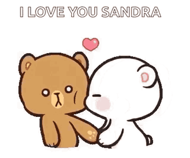 a brown and white teddy bear kissing each other with a heart in the background .
