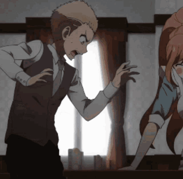 a man and a girl are standing next to each other in a room