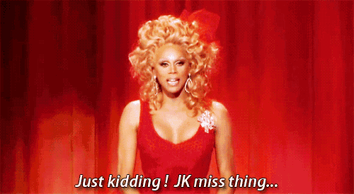 a woman in a red dress says " just kidding ! jk miss thing "