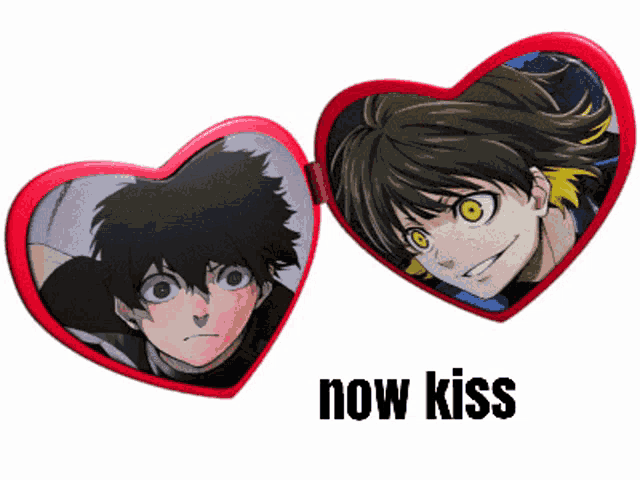 a couple of heart shaped mirrors with the words now kiss below them