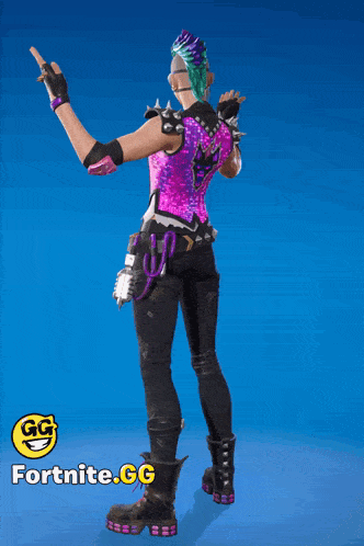a girl with a mohawk and sunglasses is wearing a fortnite gg costume