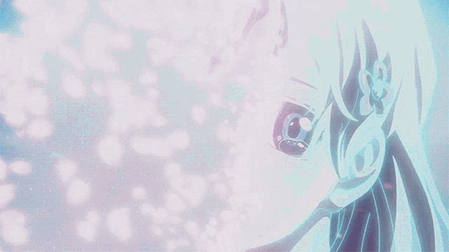 a woman with long white hair is surrounded by pink and blue petals