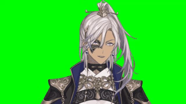 a man with long white hair and a ponytail is standing on a green screen