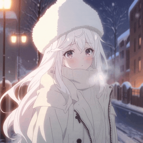 a girl with white hair is wearing a white hat