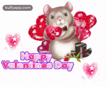 a hamster is holding a heart in its paws and says happy valentine 's day .