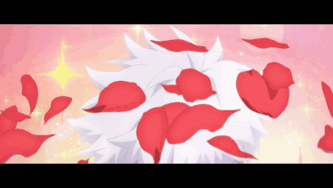 a cartoon drawing of a person with red petals falling on them