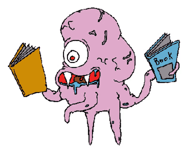 a drawing of a monster reading a book and holding another book