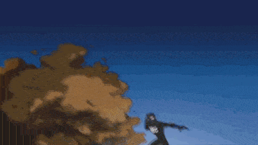 a cartoon of two men fighting in a park with a city in the background