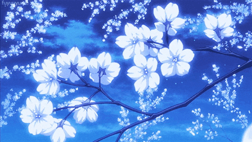 a tree branch with white flowers against a blue sky with the word fuyuyu on the bottom right