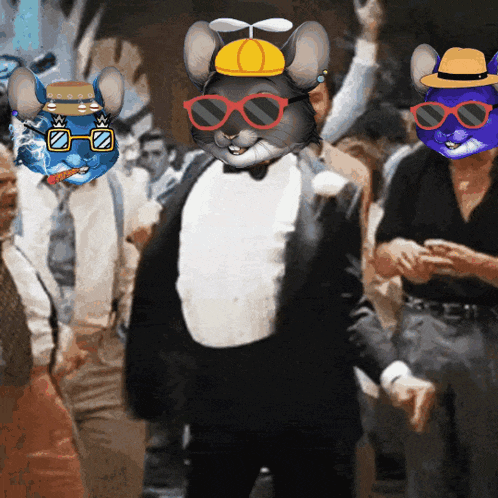 a man in a tuxedo with a mouse mask on his head