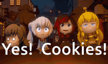 a group of cartoon characters standing next to each other with the words yes cookies