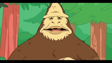 a cartoon of a bigfoot standing in the woods with his tongue hanging out .