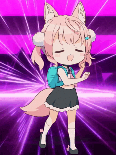 a girl with a fox tail is dancing with a backpack on